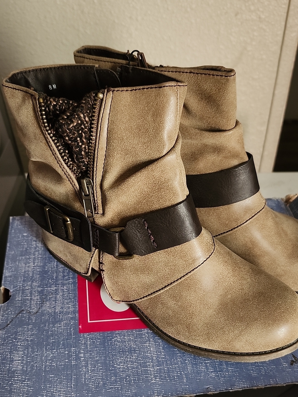 Women's Taupe Ankle Boots with Dark Brown Strap